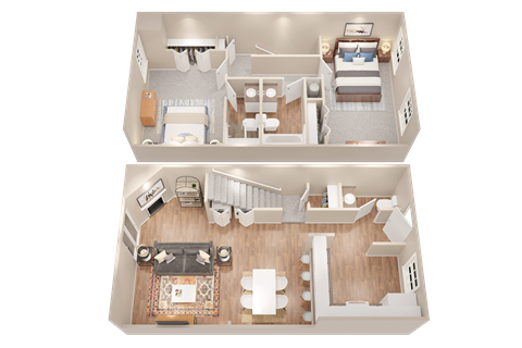 a stylized view of a bedroom and a living room with two different floor plans